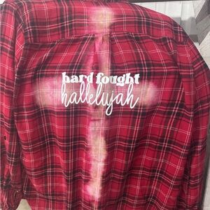 Distressed red flannel with cross Hard Fought Hallelujah